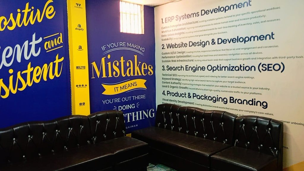 Lounge showing institute services and branding